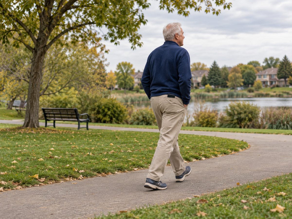 An older adult walking through a neighbourhood park during daily life.